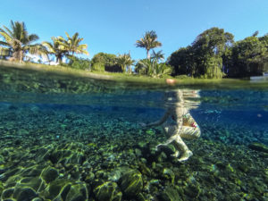 Vue semi immergée de l'eau et des palmiers à bassin bleu sainte anne la reunion